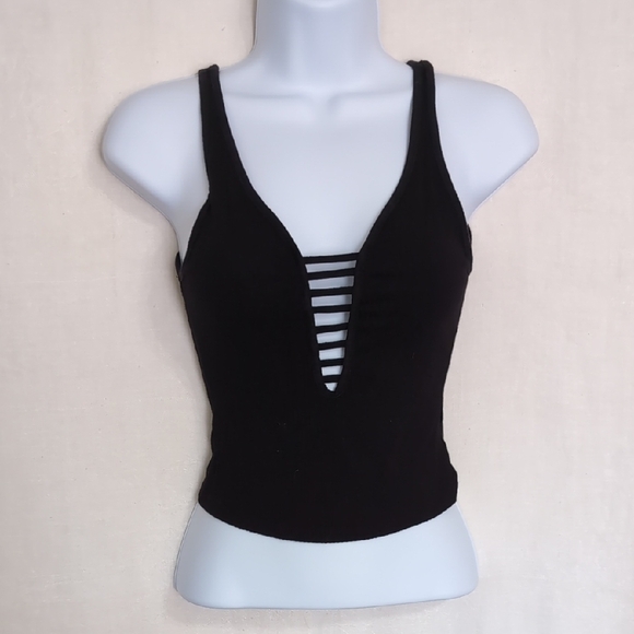 Emma + Sam Black Ribbed Stretch Cropped Tank Strappy Front Size Extra Small - Picture 1 of 4